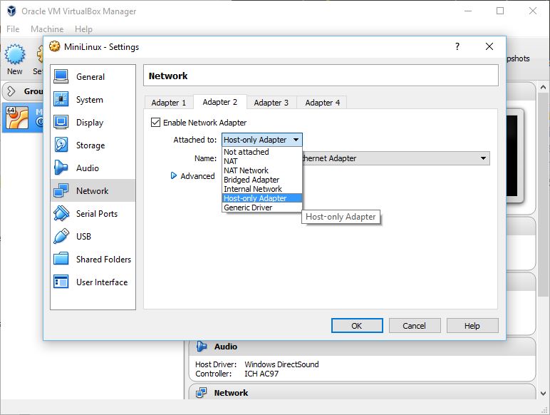 Select 'Enable Network Adapter' and choose 'Host-only Adapter' for 'Attached to'
